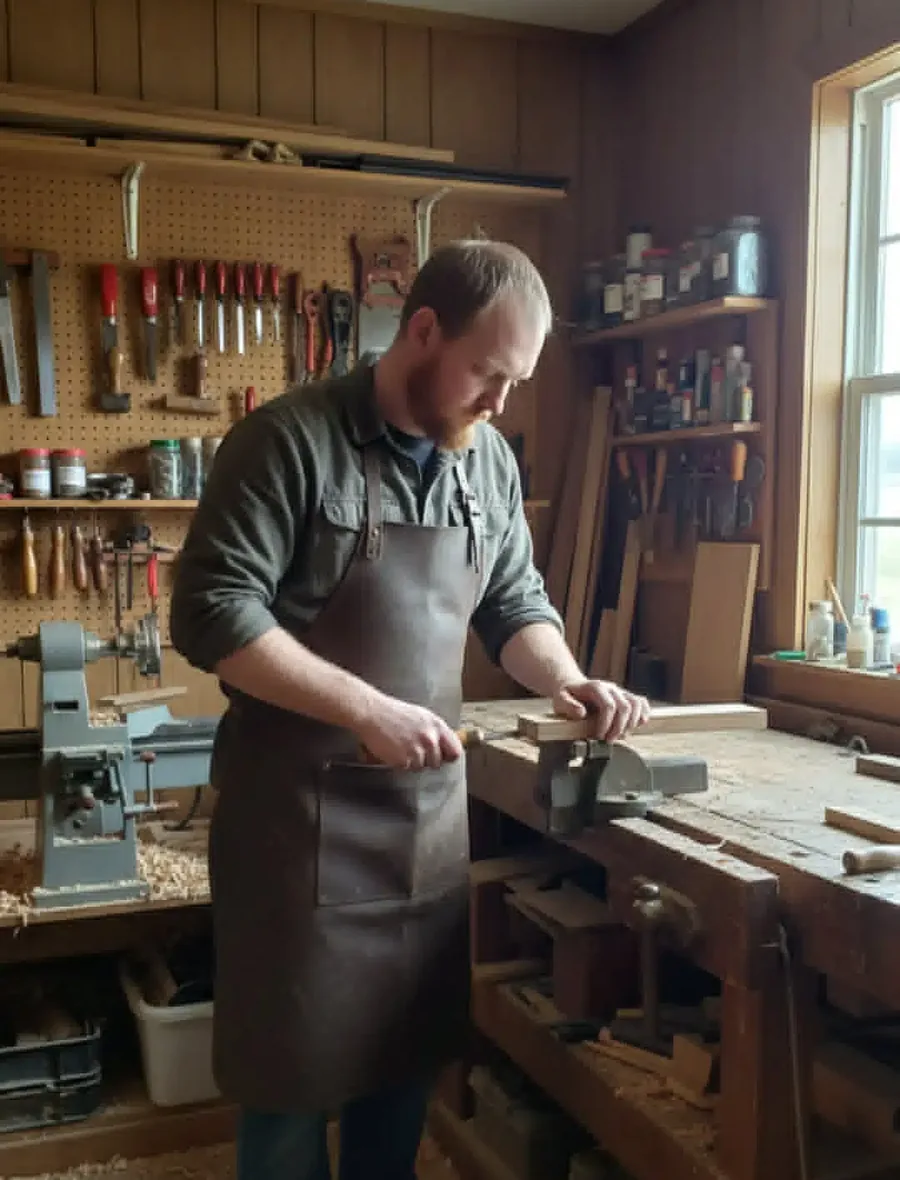 Matt Houle, owner of Mr. Fixit of NWA, working at a woodworking bench